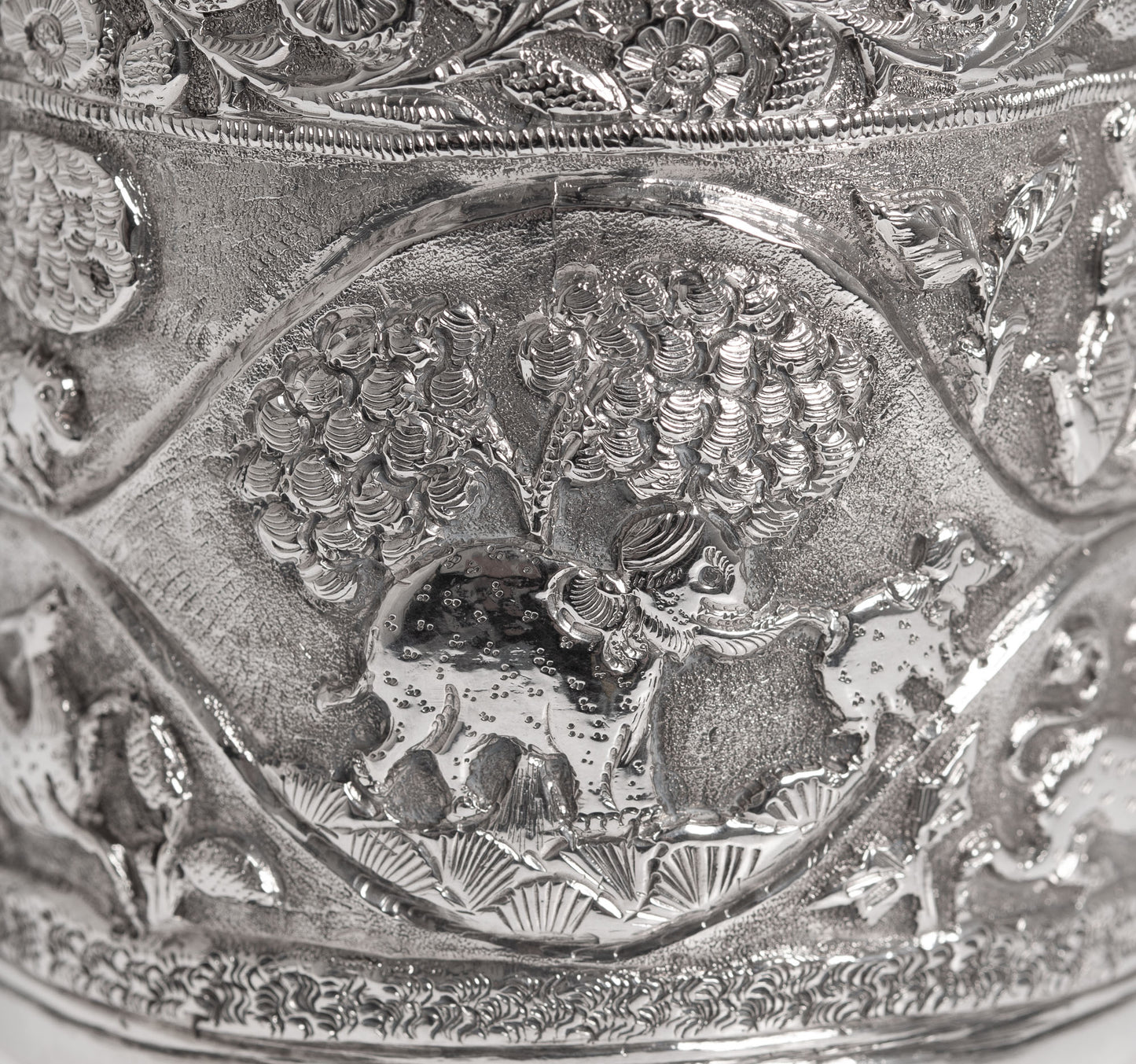 Antique Indian Silver Canister / Tea Caddy with Repousse Animals and Figures (3003)