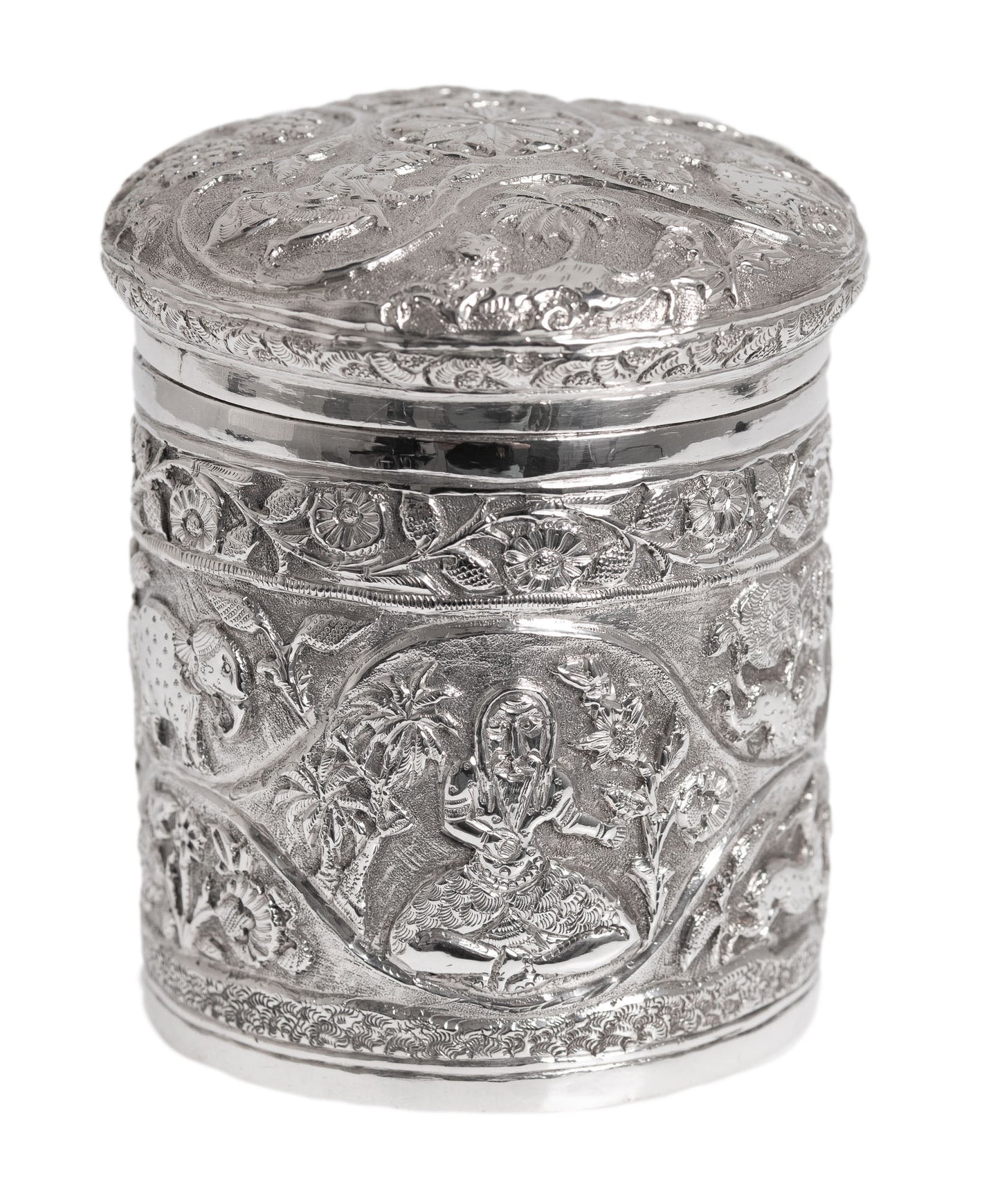 Antique Indian Silver Canister / Tea Caddy with Repousse Animals and Figures (3003)