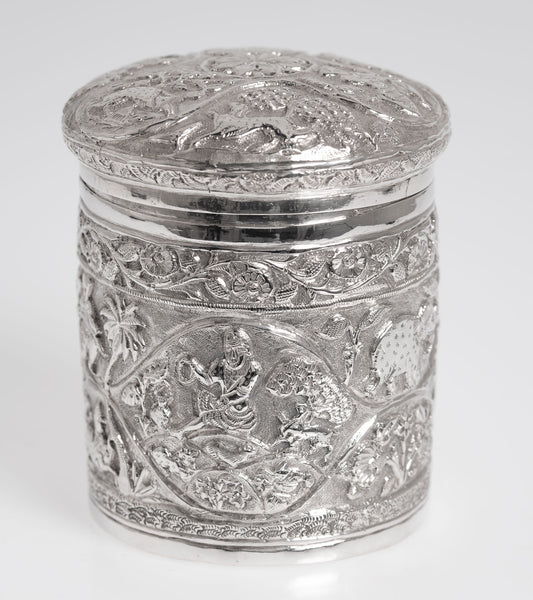 Antique Indian Silver Canister / Tea Caddy with Repousse Animals and Figures (3003)