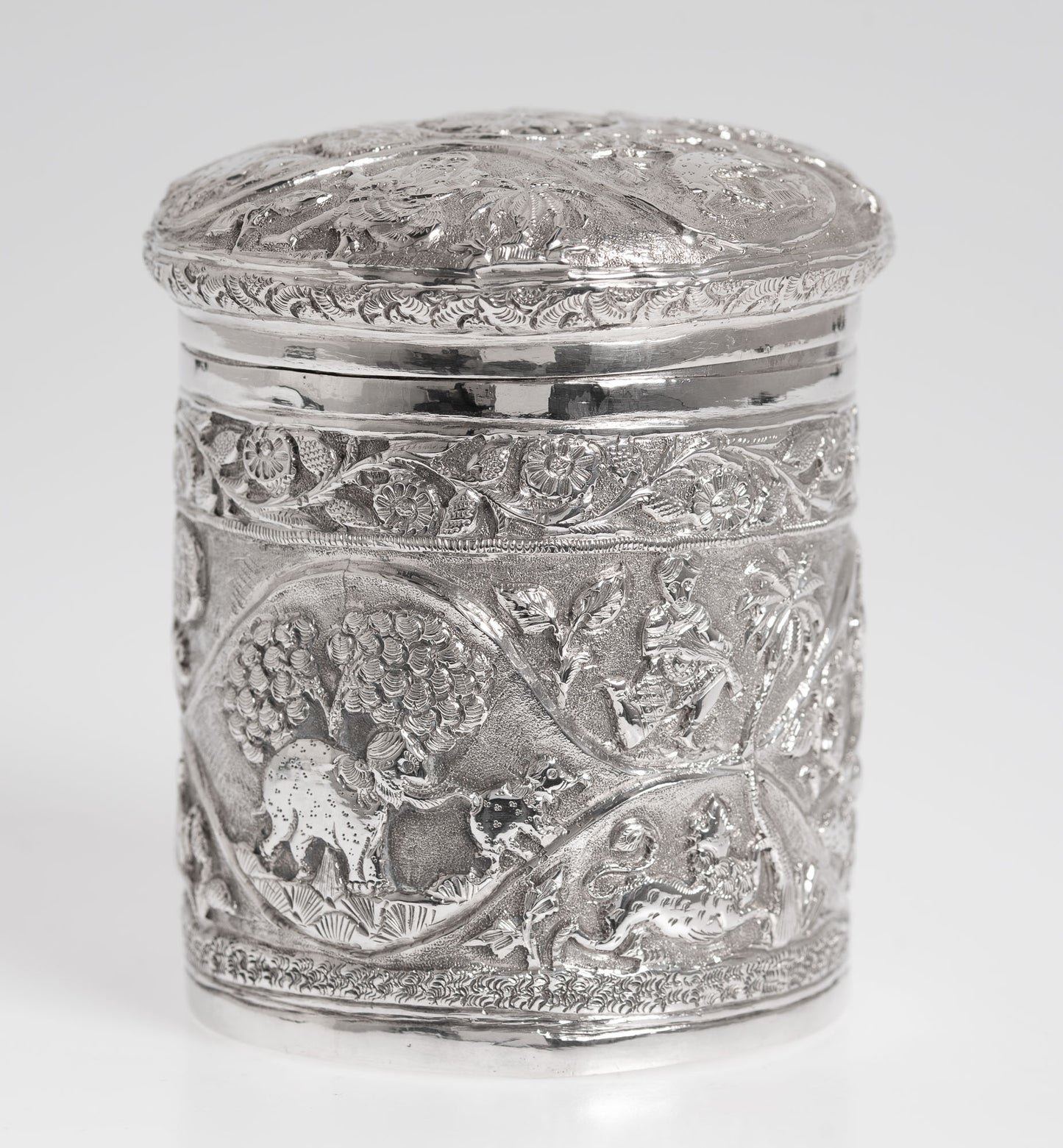 Antique Indian Silver Canister / Tea Caddy with Repousse Animals and Figures (3003)