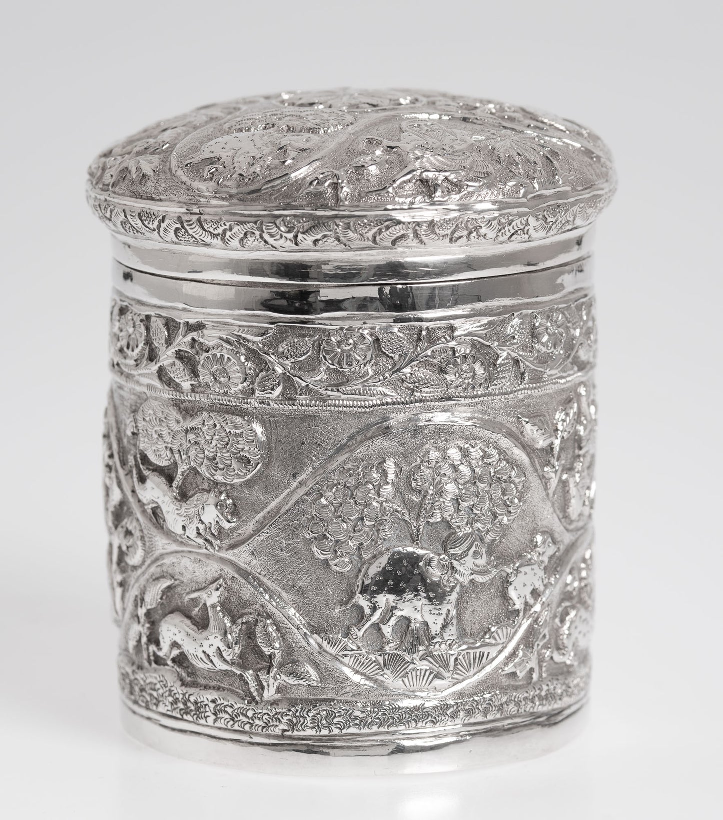 Antique Indian Silver Canister / Tea Caddy with Repousse Animals and Figures (3003)