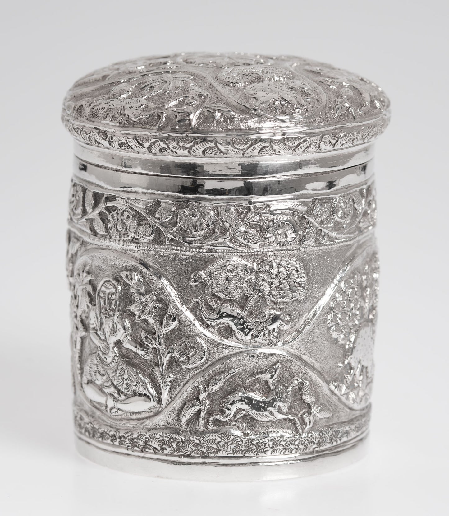 Antique Indian Silver Canister / Tea Caddy with Repousse Animals and Figures (3003)