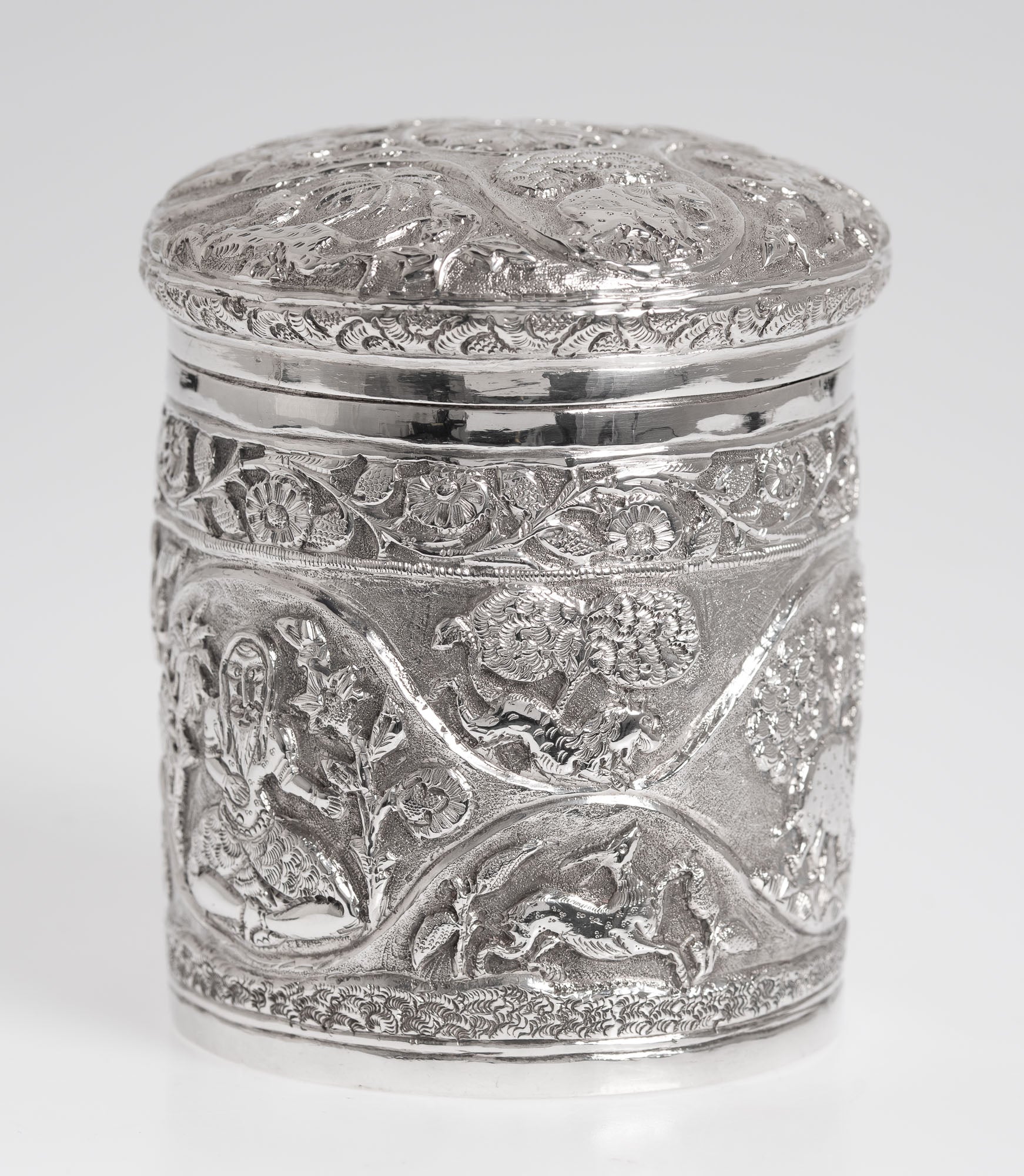 Antique Indian Silver Canister / Tea Caddy with Repousse Animals and Figures (3003)