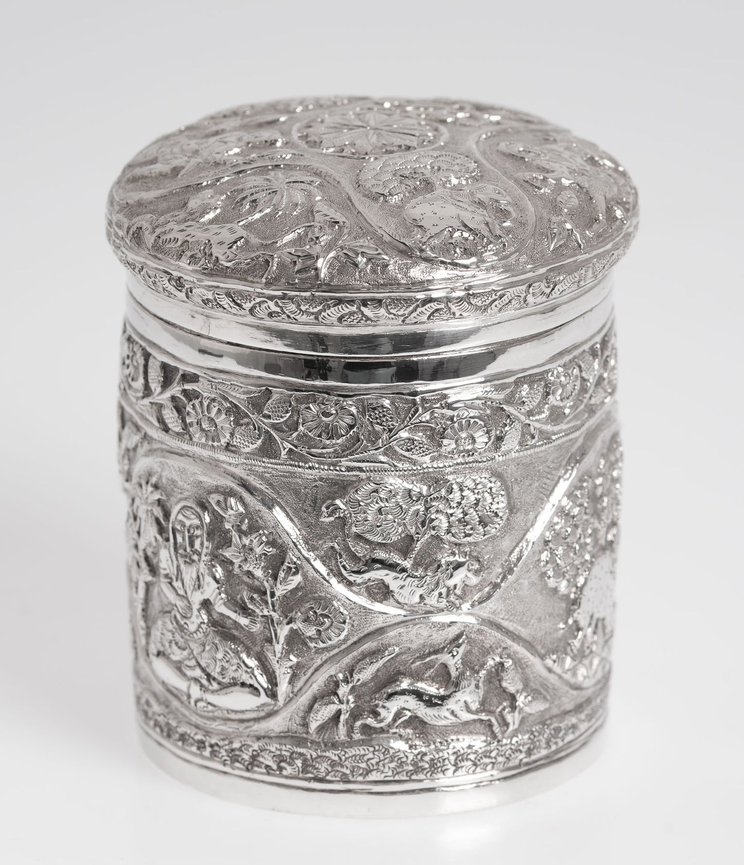 Antique Indian Silver Canister / Tea Caddy with Repousse Animals and Figures (3003)