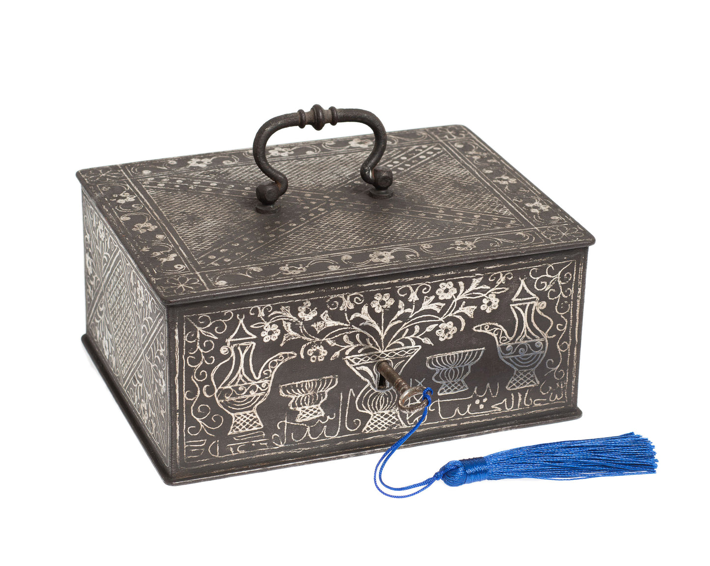 Antique Indonesian Black Iron & Silver Koftgari Strong Box Java/Madura with Olanda Design (3021)