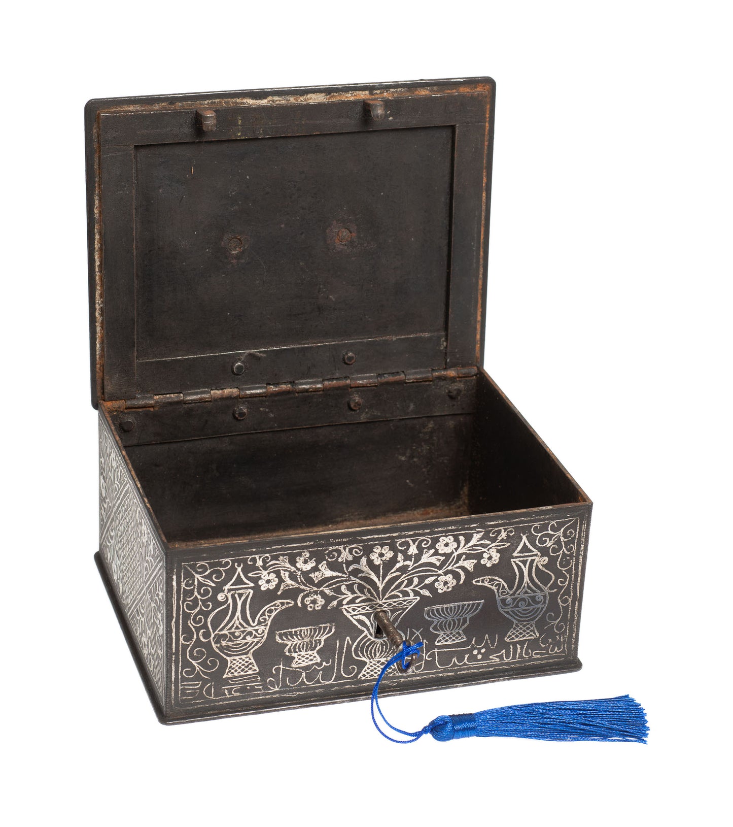 Antique Indonesian Black Iron & Silver Koftgari Strong Box Java/Madura with Olanda Design (3021)