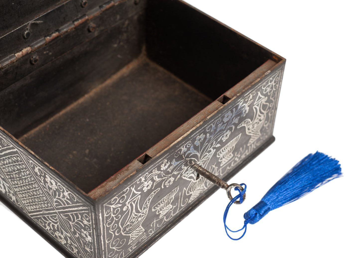 Antique Indonesian Black Iron & Silver Koftgari Strong Box Java/Madura with Olanda Design (3021)