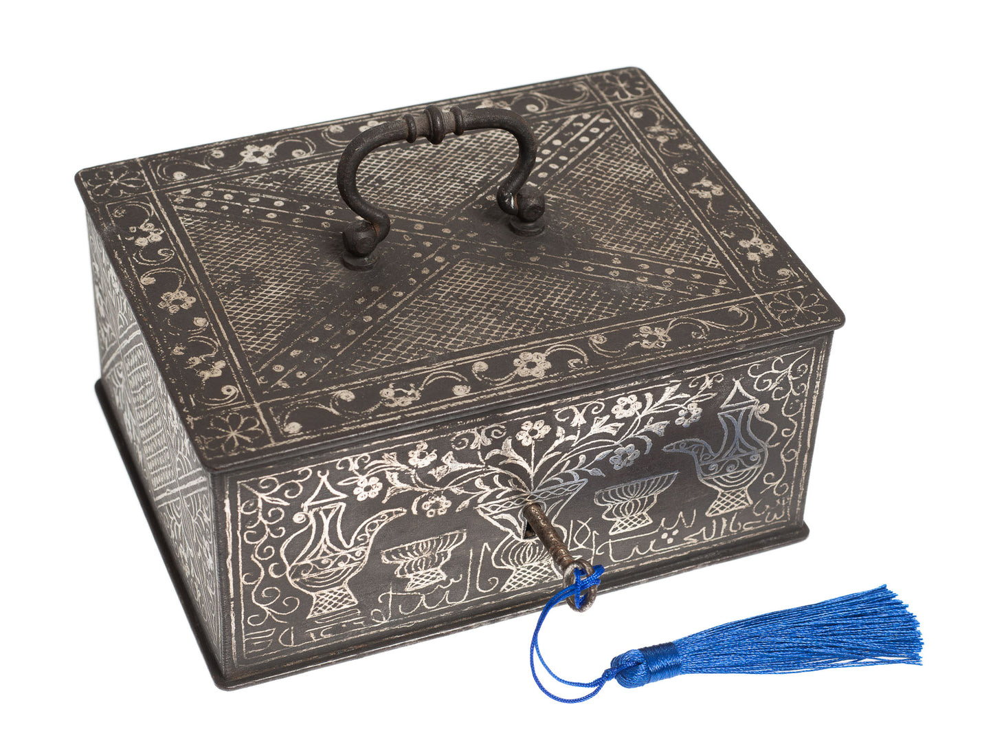 Antique Indonesian Black Iron & Silver Koftgari Strong Box Java/Madura with Olanda Design (3021)