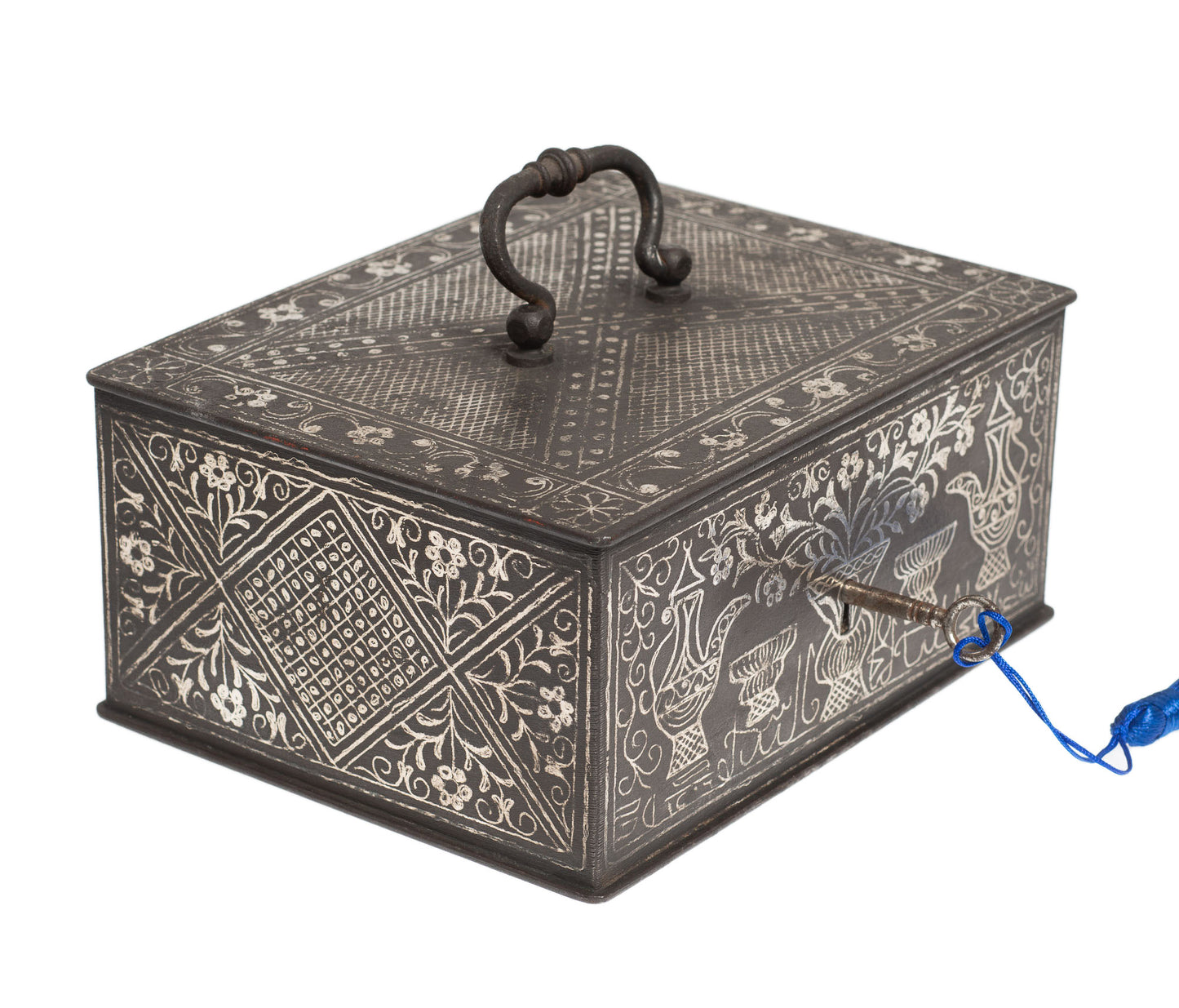 Antique Indonesian Black Iron & Silver Koftgari Strong Box Java/Madura with Olanda Design (3021)