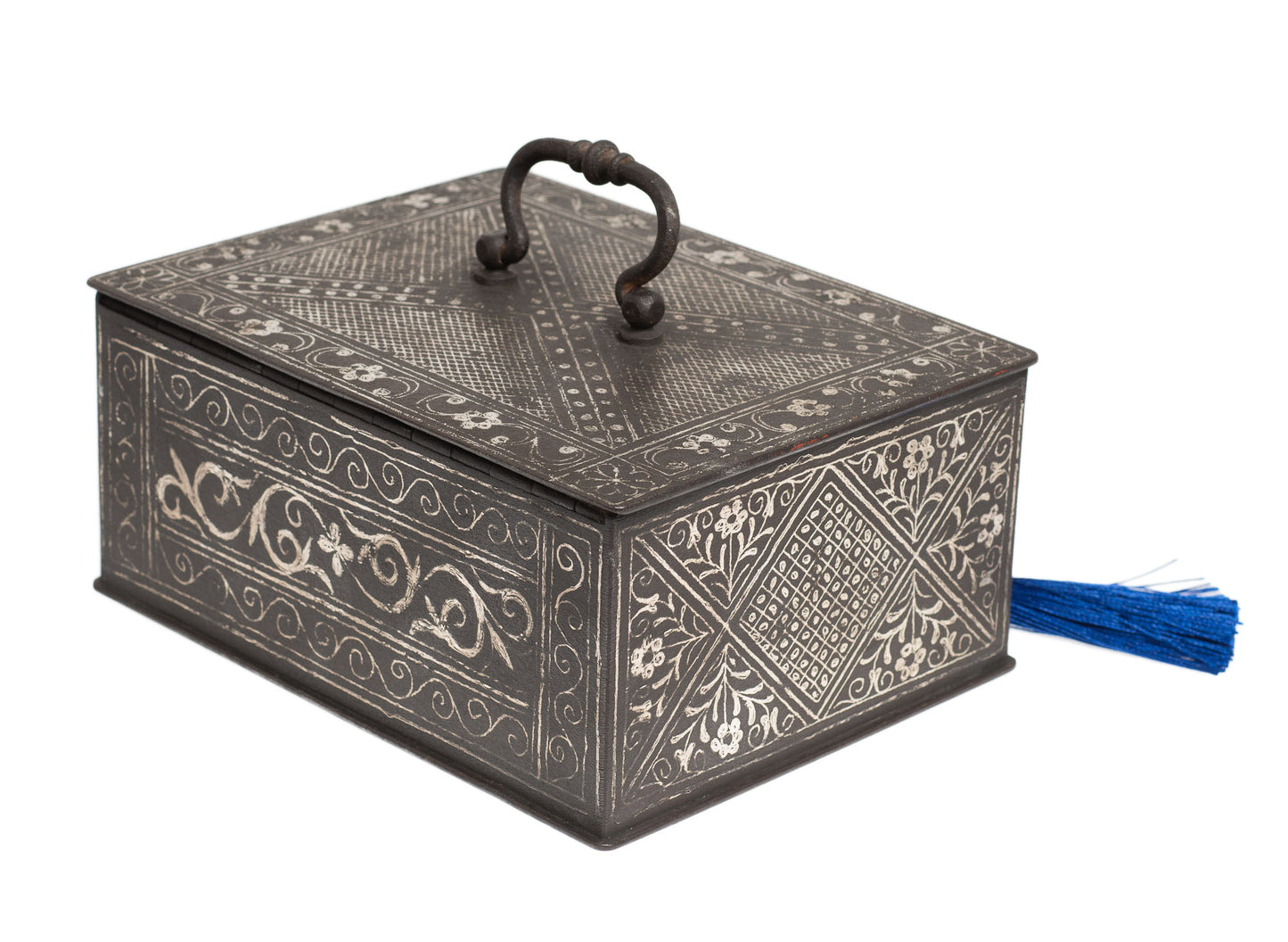 Antique Indonesian Black Iron & Silver Koftgari Strong Box Java/Madura with Olanda Design (3021)