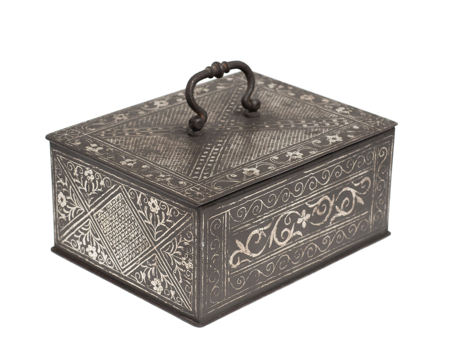 Antique Indonesian Black Iron & Silver Koftgari Strong Box Java/Madura with Olanda Design (3021)