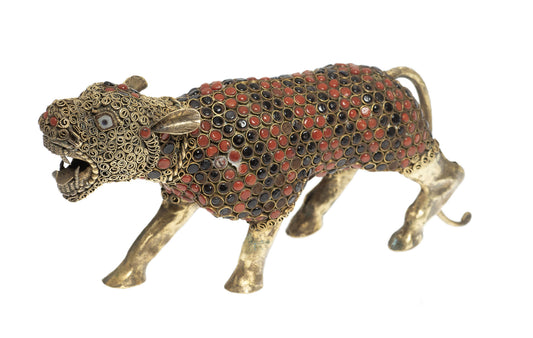 Vintage Hand Made Nepalese Metal Figure / Model of a Big Cat with Red & Black Cabochons (3023)