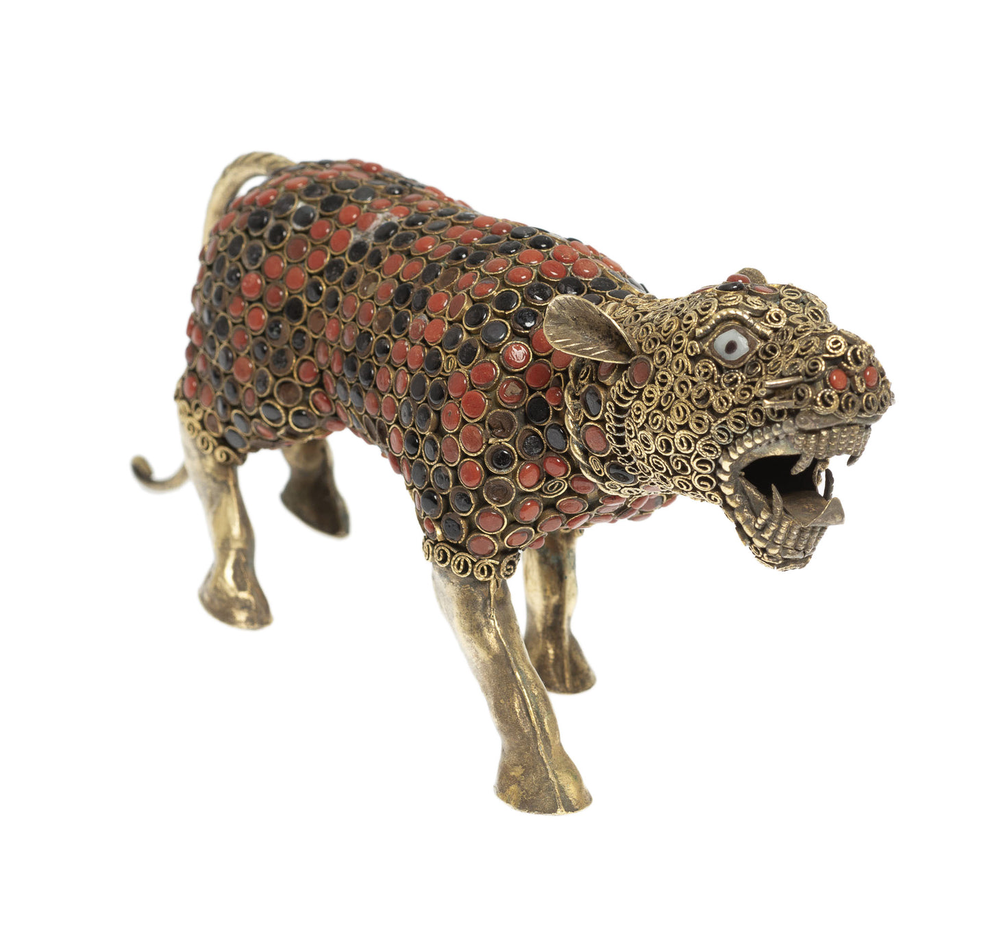 Vintage Hand Made Nepalese Metal Figure / Model of a Big Cat with Red & Black Cabochons (3023)