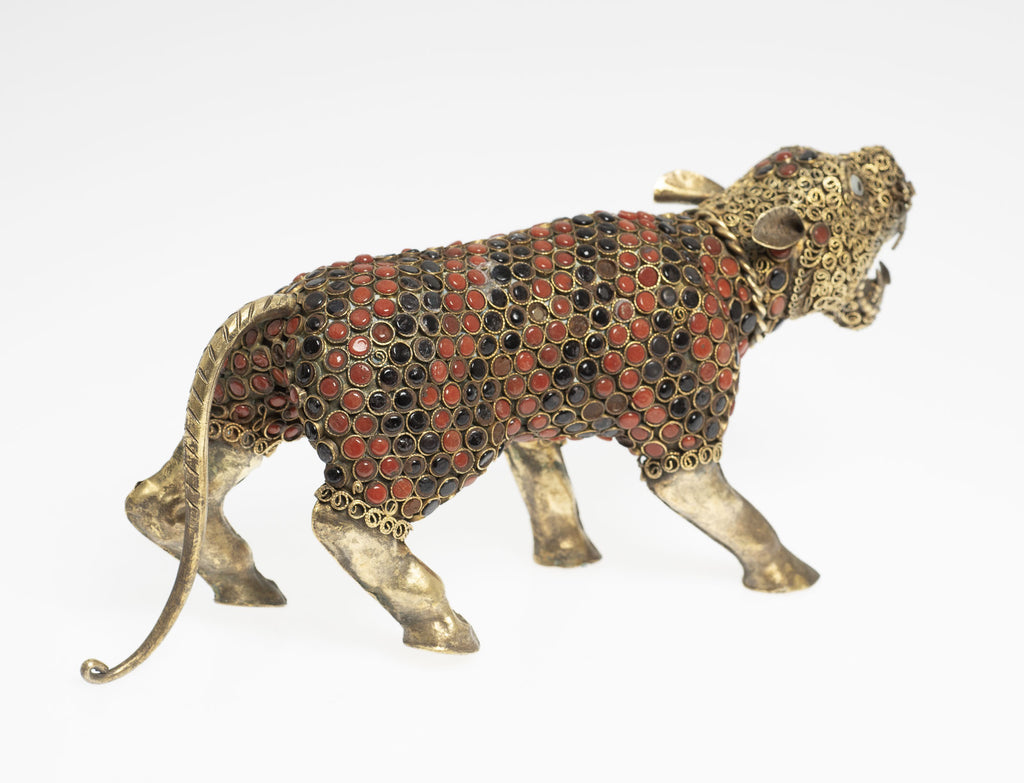 Vintage Hand Made Nepalese Metal Figure / Model of a Big Cat with Red & Black Cabochons (3023)