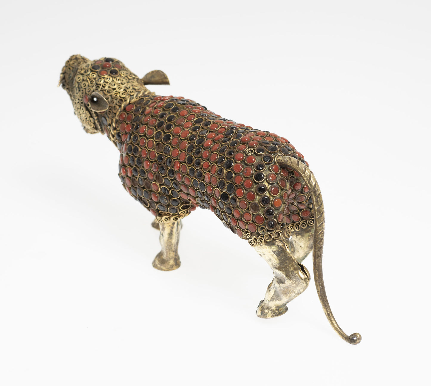 Vintage Hand Made Nepalese Metal Figure / Model of a Big Cat with Red & Black Cabochons (3023)