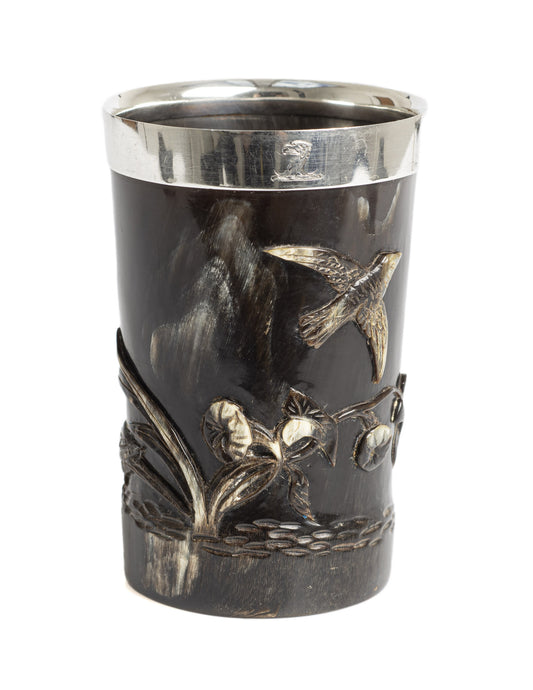 Sampson Mordan & Co Antique Carved Horn & Silver Aesthetic Movement Beaker (3042)
