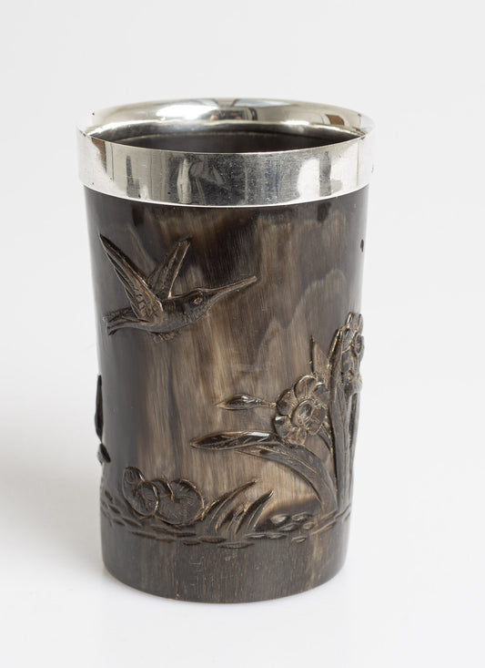Sampson Mordan & Co Antique Carved Horn & Silver Aesthetic Movement Cup/Tumbler (3043)