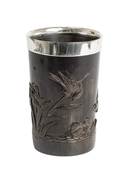 Sampson Mordan & Co Antique Carved Horn & Silver Aesthetic Movement Cup/Tumbler (3043)