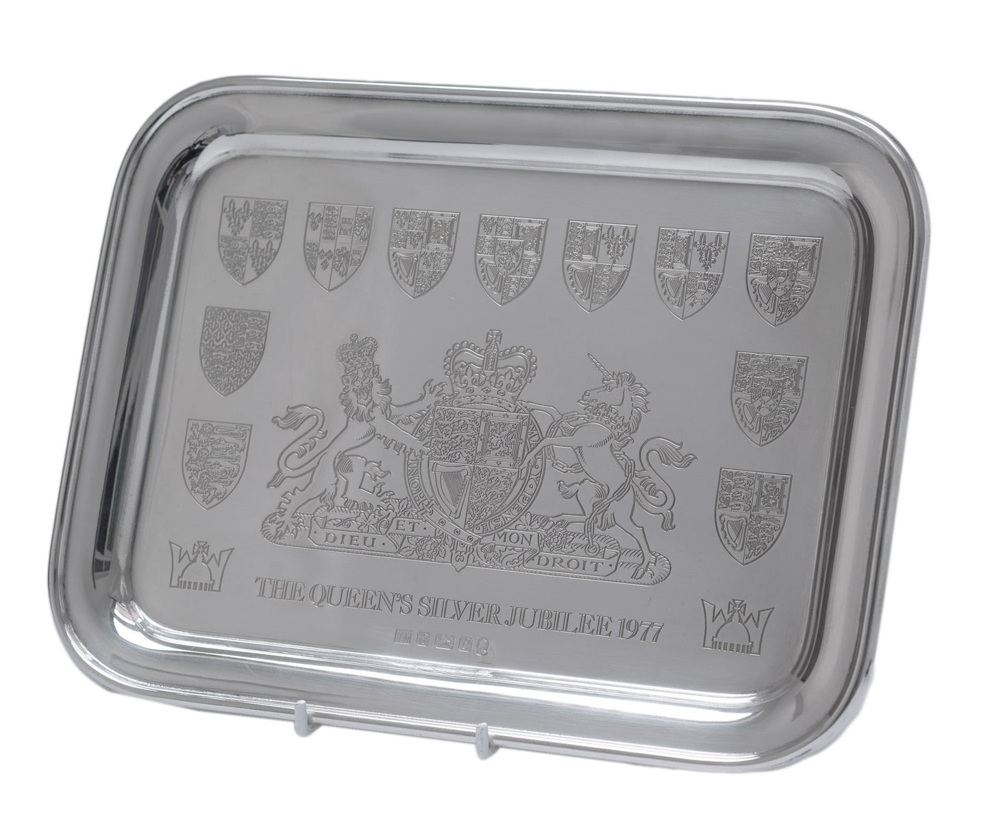 Vintage Solid Sterling Silver Yorkshire Mint Queen Elizabeth II 1977 Jubilee Arms Tray (3045)