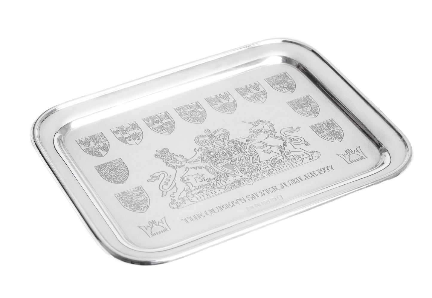 Vintage Solid Sterling Silver Yorkshire Mint Queen Elizabeth II 1977 Jubilee Arms Tray (3045)