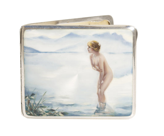 Art Deco Egyptian Silver 800 and Enamel Hand Painted Nude Bathing Girl Cigarette Case (3046)