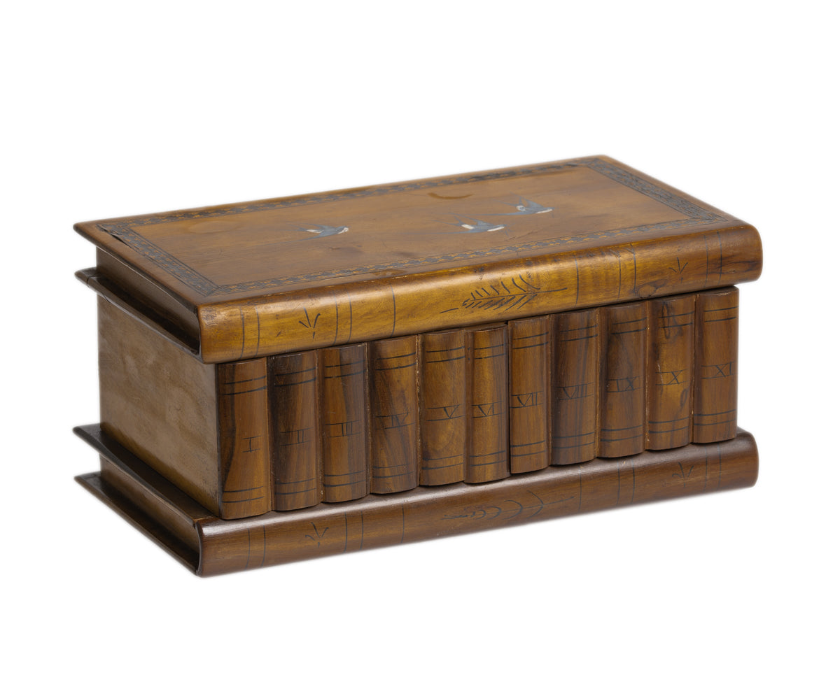 Italian Sorento Ware Jewellery Box In Olive Wood Antique c.1900 Hand Painted Lid (3069)