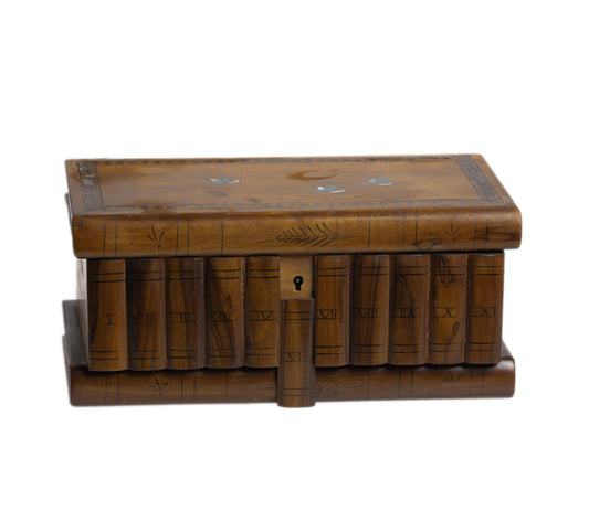 Italian Sorento Ware Jewellery Box In Olive Wood Antique c.1900 Hand Painted Lid (3069)