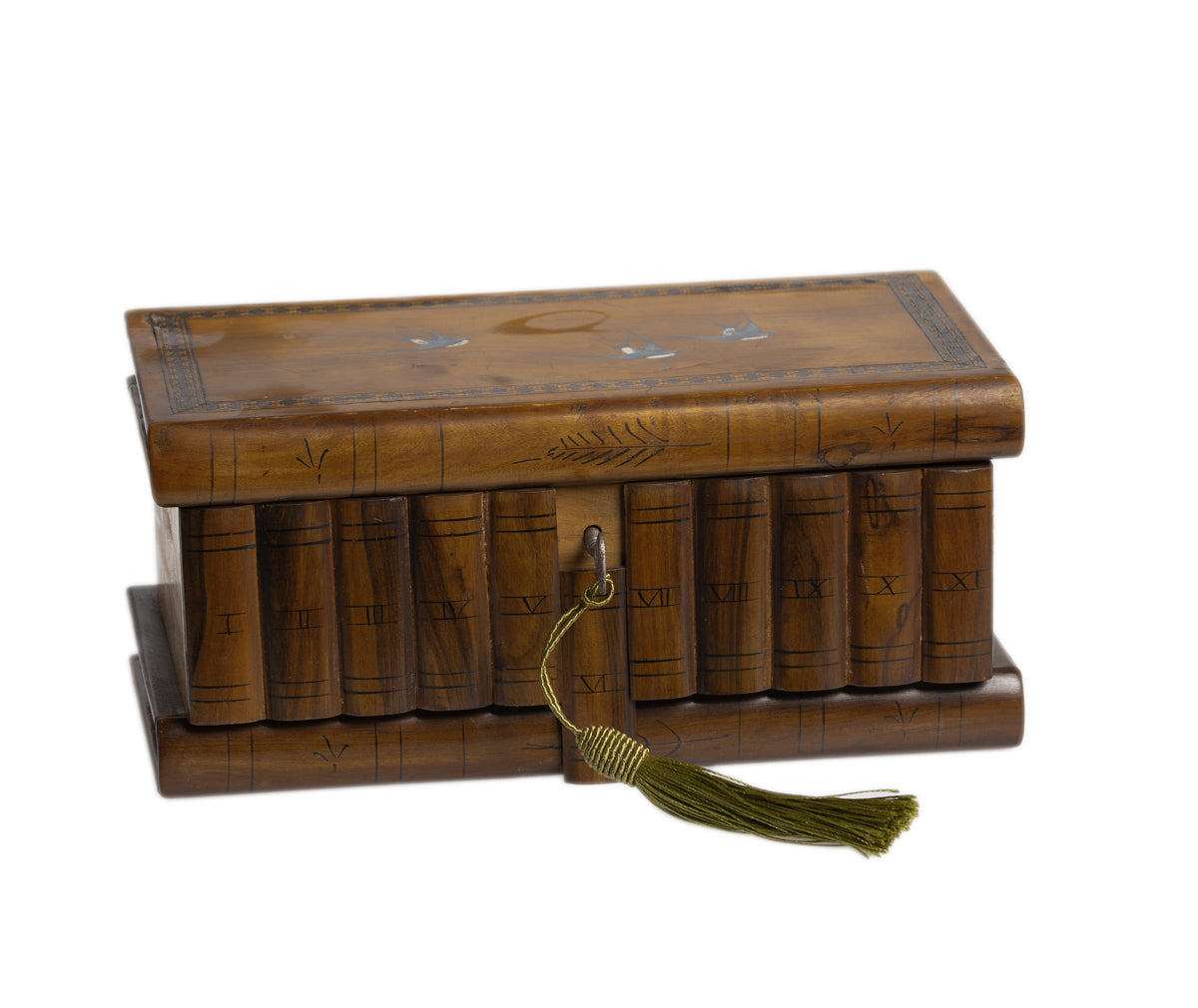 Italian Sorento Ware Jewellery Box In Olive Wood Antique c.1900 Hand Painted Lid (3069)