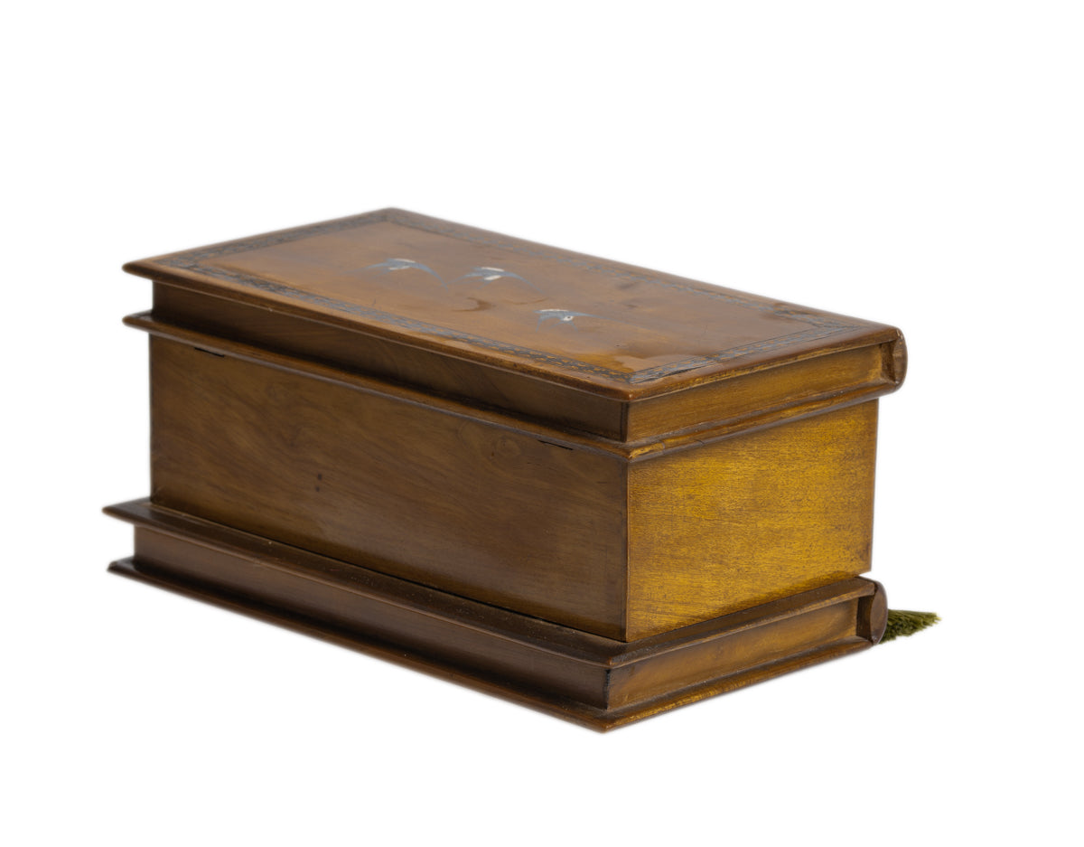 Italian Sorento Ware Jewellery Box In Olive Wood Antique c.1900 Hand Painted Lid (3069)