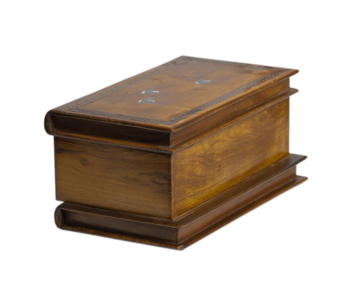 Italian Sorento Ware Jewellery Box In Olive Wood Antique c.1900 Hand Painted Lid (3069)