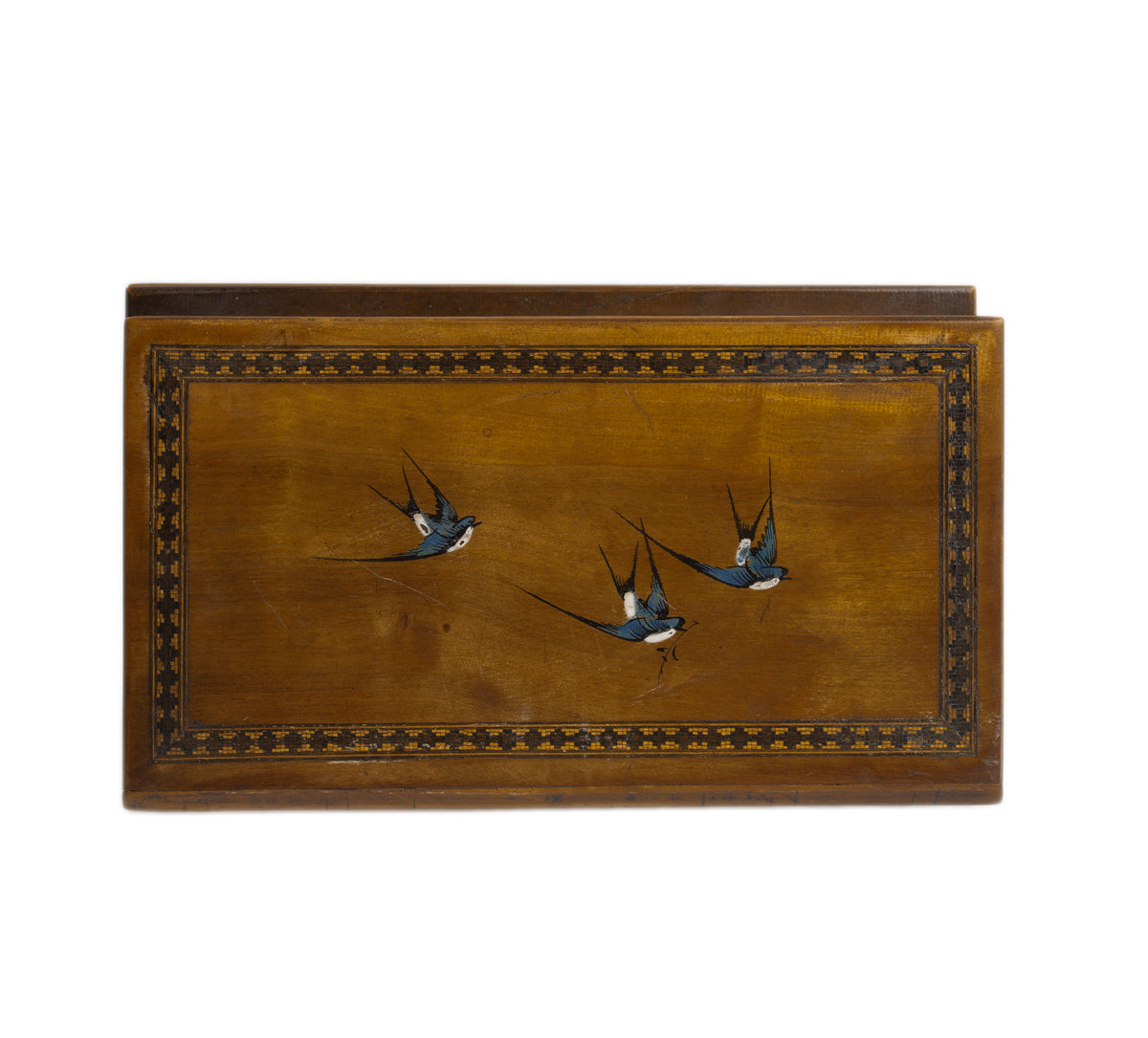 Italian Sorento Ware Jewellery Box In Olive Wood Antique c.1900 Hand Painted Lid (3069)