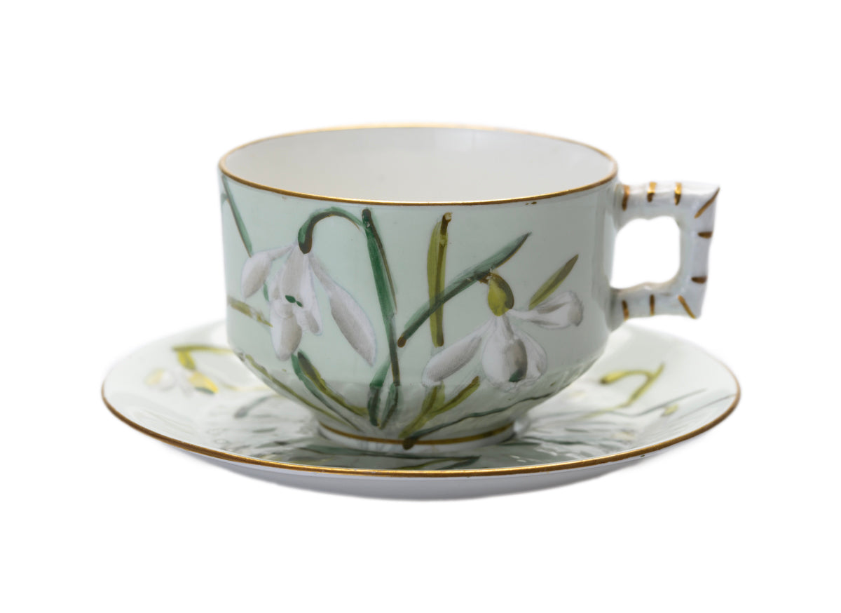 Antique Aesthetic English China Cup & Saucer With Snowdrops In Green (3076)