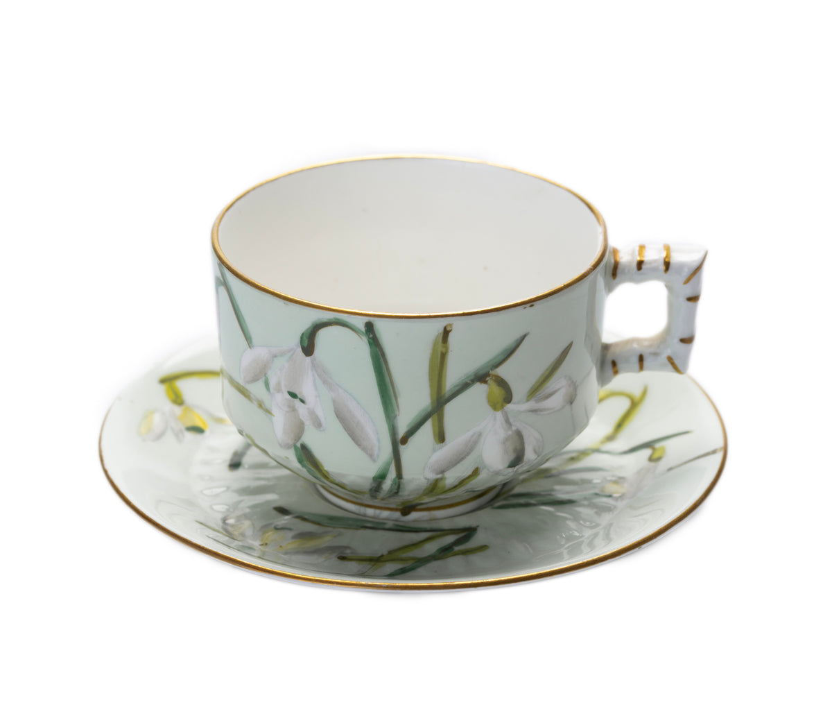 Antique Aesthetic English China Cup & Saucer With Snowdrops In Green (3076)