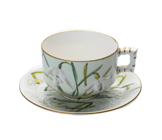 Antique Aesthetic English China Cup & Saucer With Snowdrops In Green (3076)