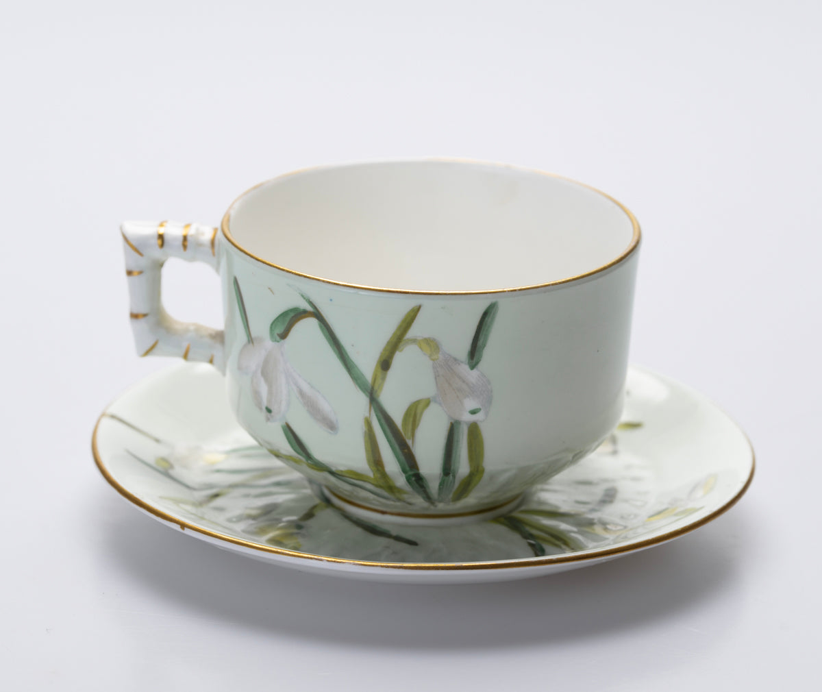 Antique Aesthetic English China Cup & Saucer With Snowdrops In Green (3076)