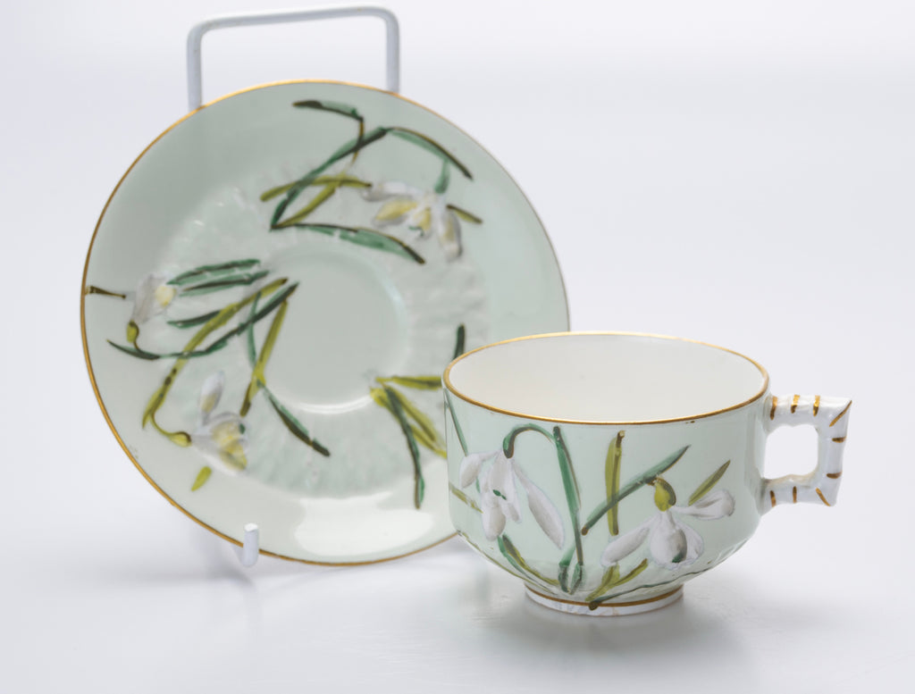 Antique Aesthetic English China Cup & Saucer With Snowdrops In Green (3076)