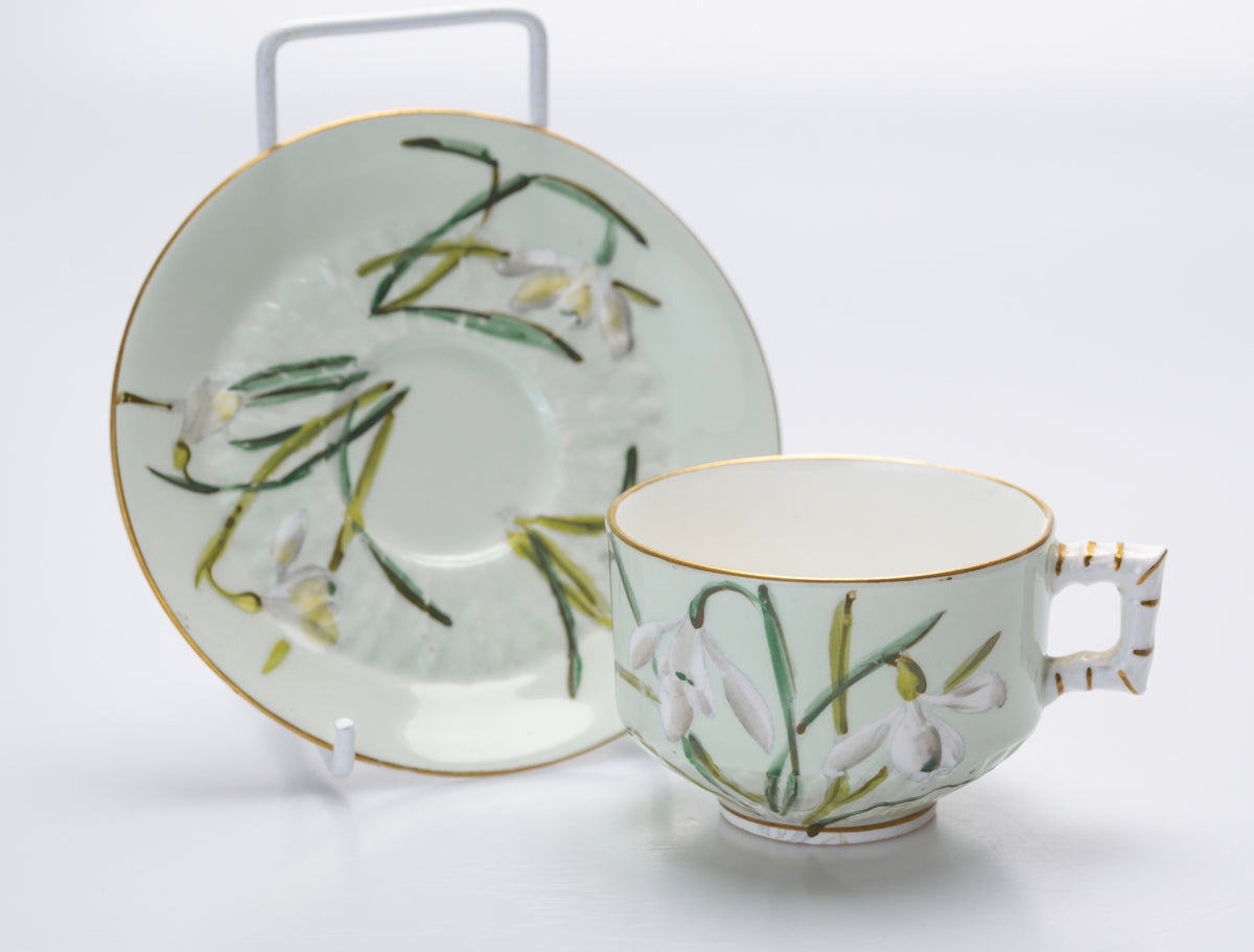 Antique Aesthetic English China Cup & Saucer With Snowdrops In Green (3076)