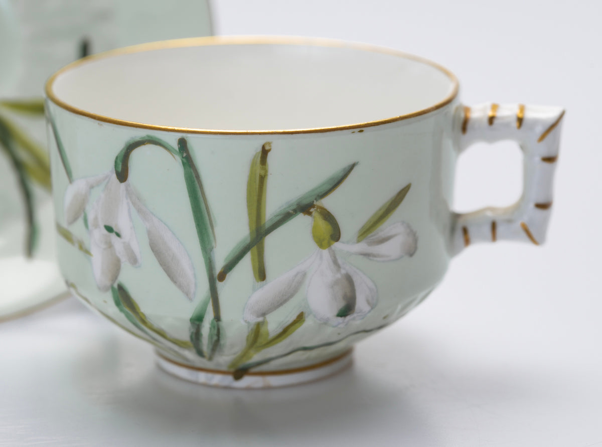 Antique Aesthetic English China Cup & Saucer With Snowdrops In Green (3076)