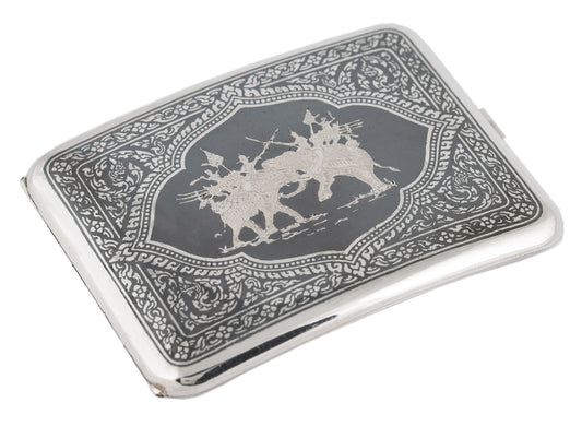 Vintage Thai Sterling Silver Niello Cigarette Case with War Elephants c1970 (3097)