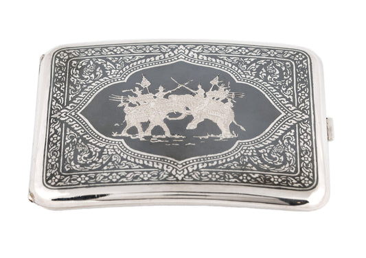 Vintage Thai Sterling Silver Niello Cigarette Case with War Elephants c1970 (3097)