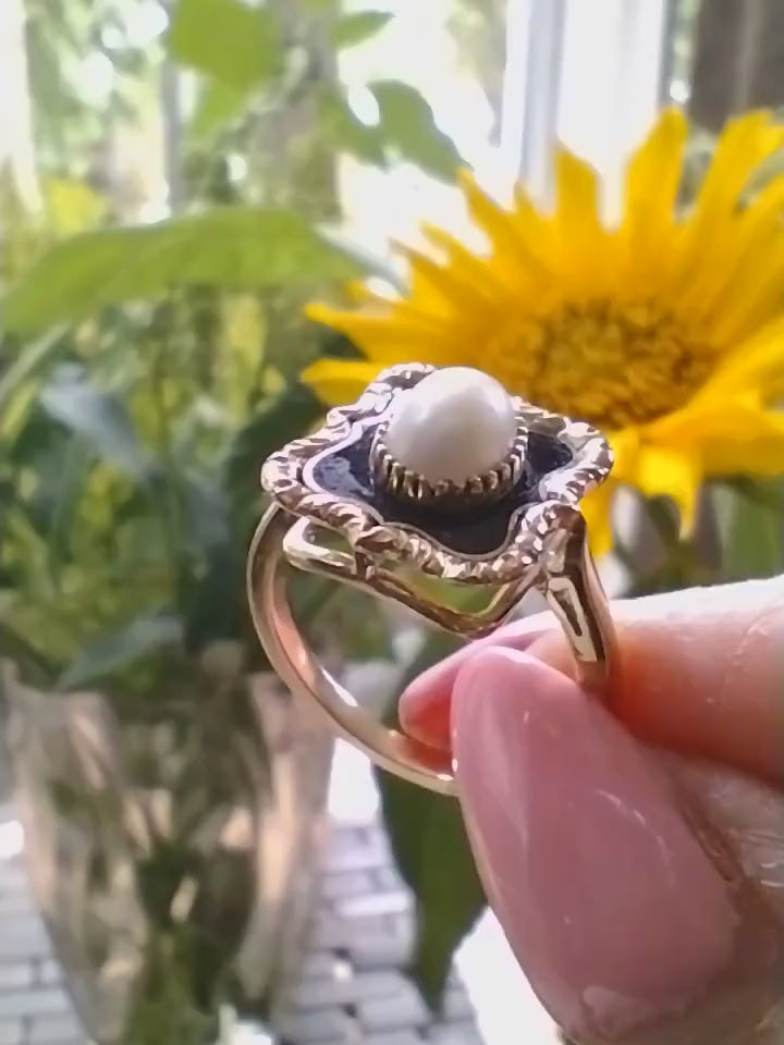 Antique 18ct Gold Split Pearl & Enamel Ladies Mourning Ring c.1900 (A1248)