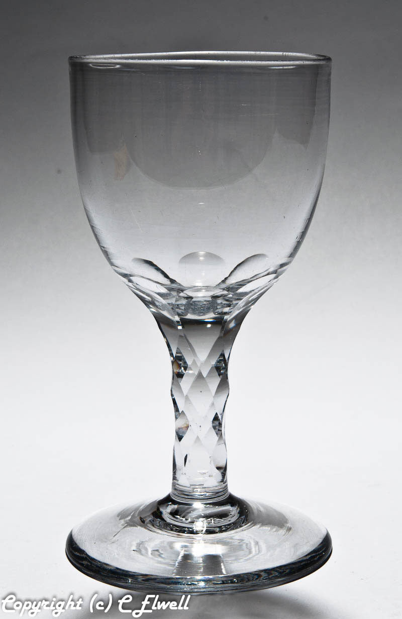 Antique Georgian English Lead Facet Stem Glass Wine Goblet with Large Bowl c1780 (Code 6828)