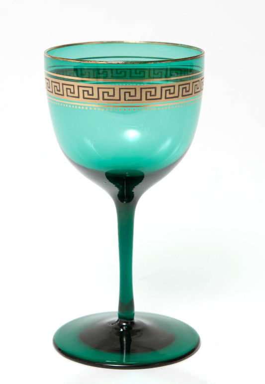 A 19th Century Antique Bristol Green Wine Glass with Gilded Greek Key Band (Code 7709) - Blue Cherry Antiques - 1