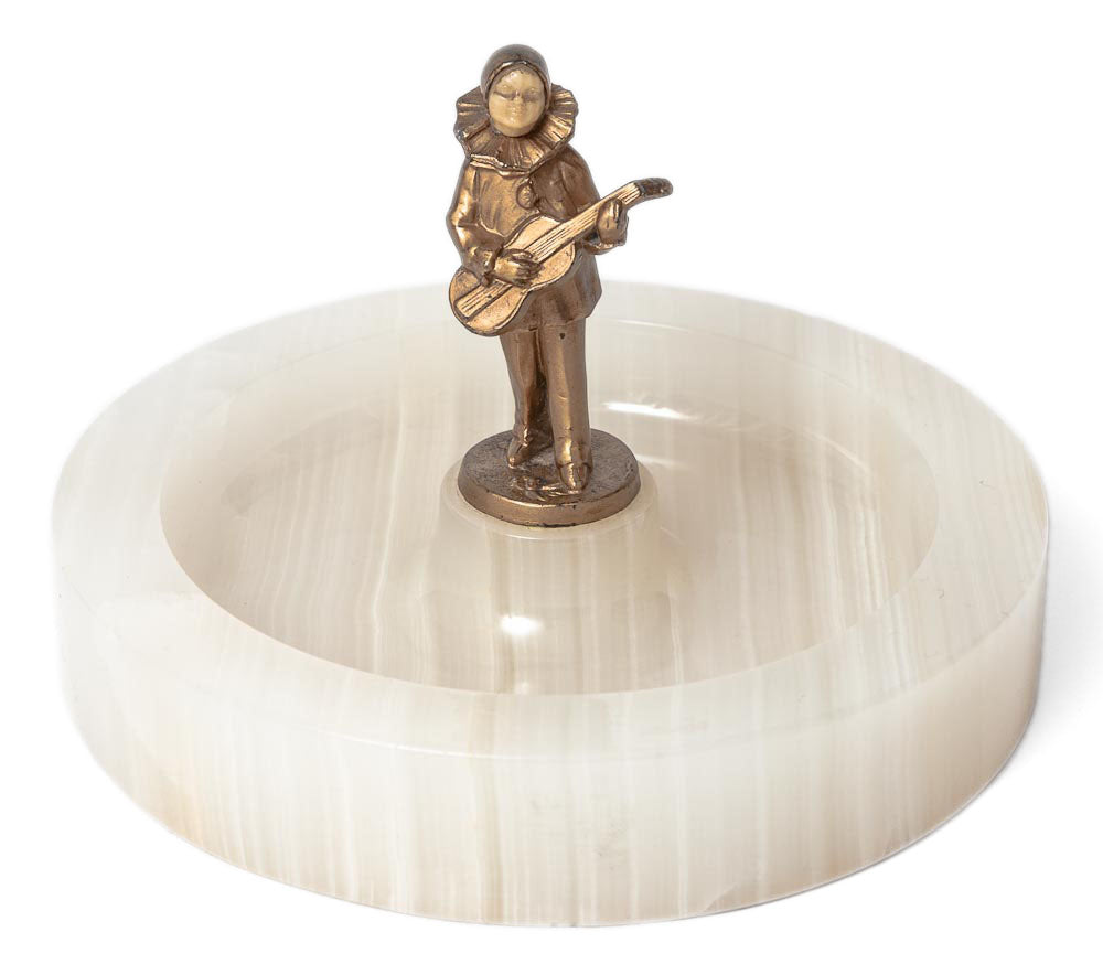 Art Deco White Onyx Dish with Austrian Cold Painted Pierrot Bronze Figure (Code 7786)