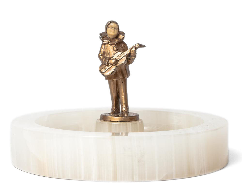 Art Deco White Onyx Dish with Austrian Cold Painted Pierrot Bronze Figure (Code 7786)