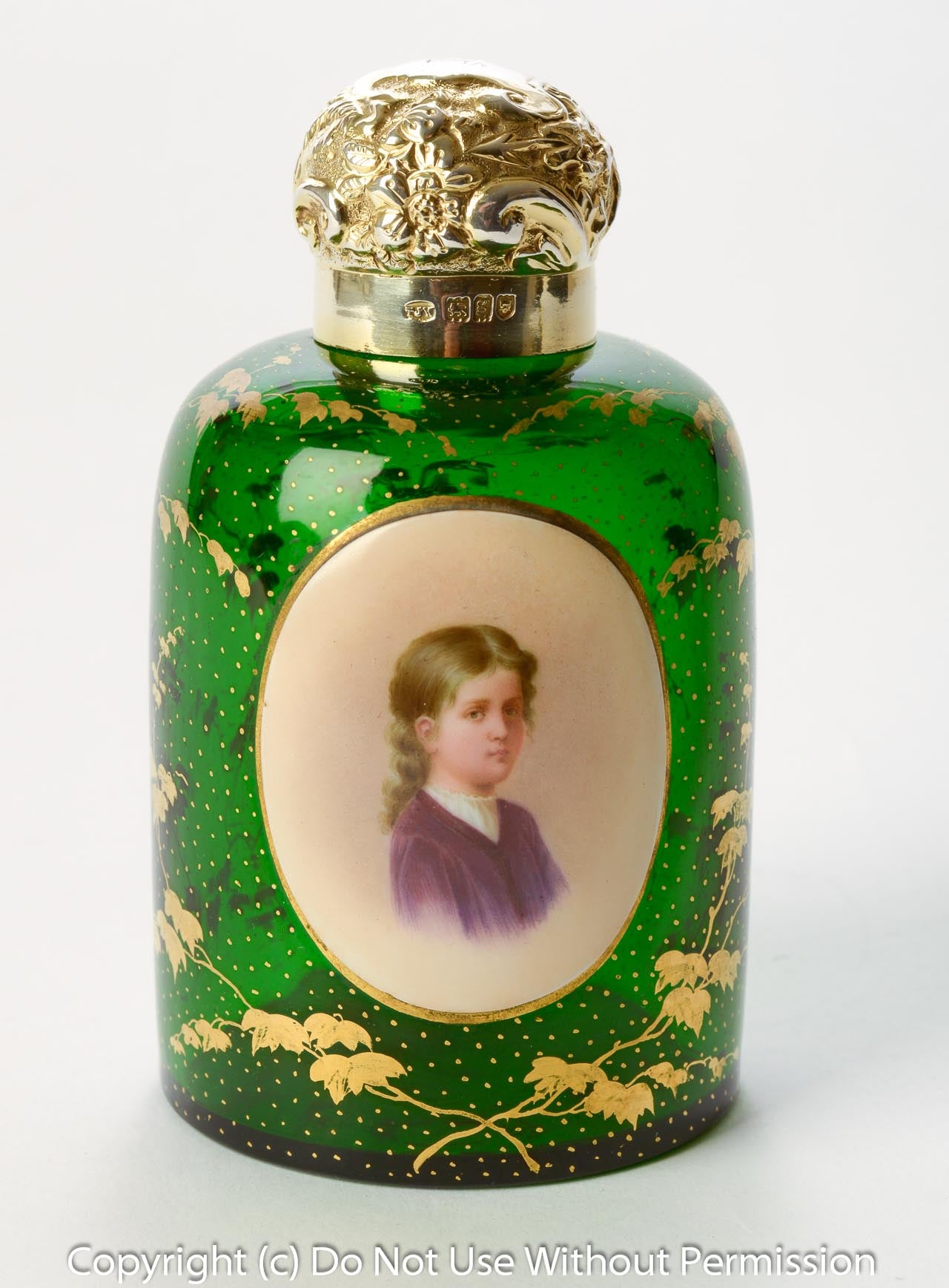 A Fine Antique Bohemian Glass Scent/Perfume Bottle with Silver Mount & Portrait (code 8021) - Blue Cherry Antiques - 1