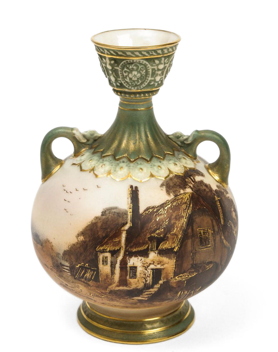 A Royal Worcester Hand Painted Rural Thatched Cottage Vase - Edwardian c.1908  (code8035)