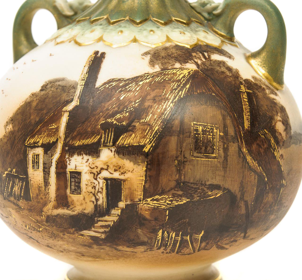 A Royal Worcester Hand Painted Rural Thatched Cottage Vase - Edwardian c.1908  (code8035)
