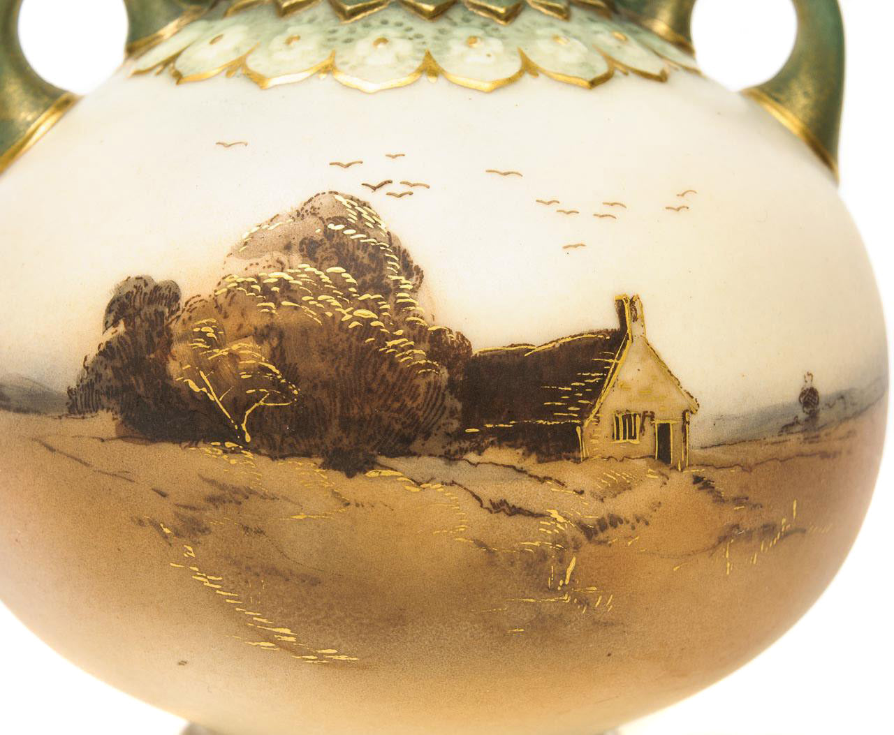 A Royal Worcester Hand Painted Rural Thatched Cottage Vase - Edwardian c.1908  (code8035)