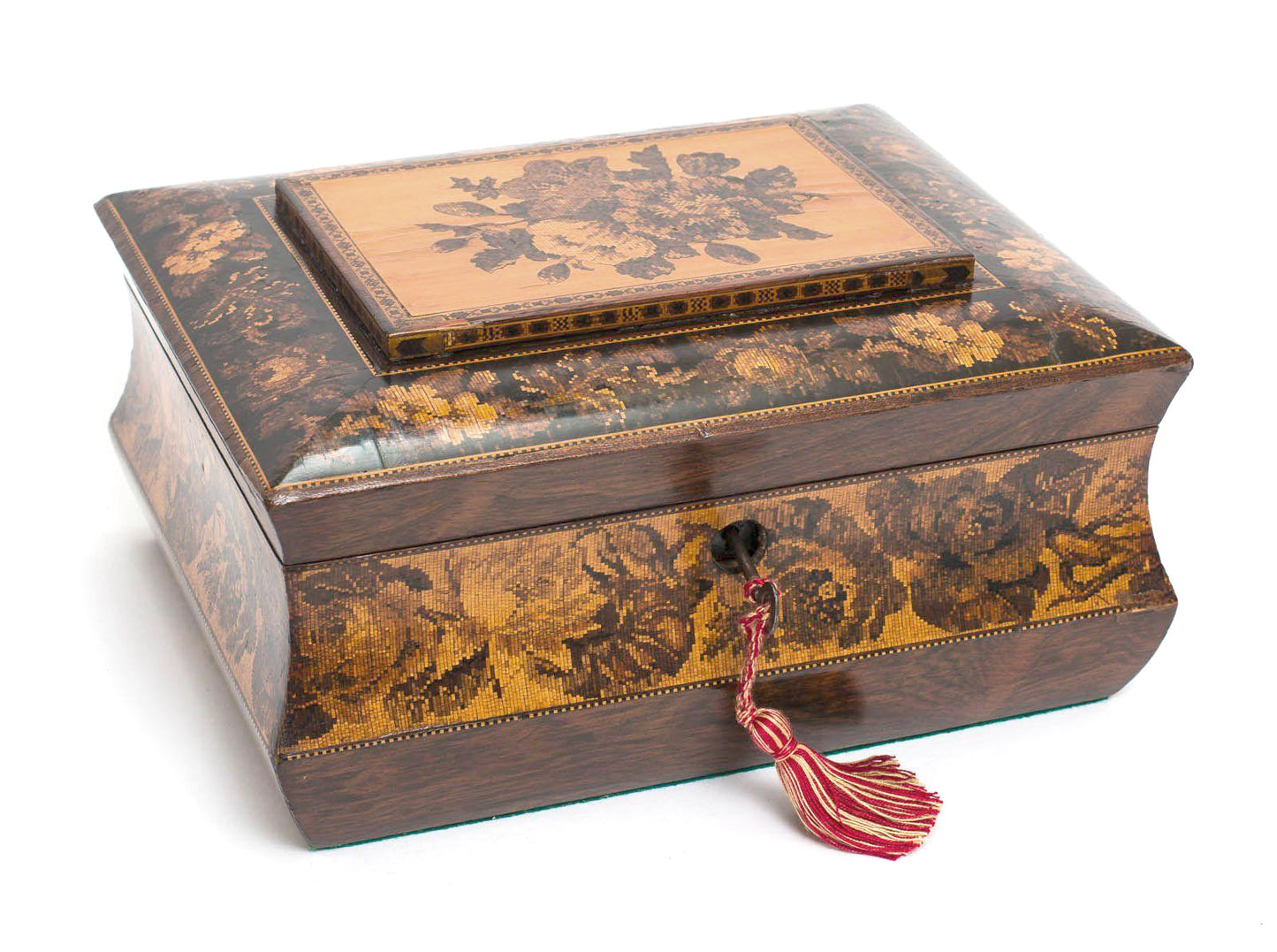 Rare Victorian Antique Tunbridge Ware Wooden Sewing Work Box Inlaid with Roses - Code (8202)